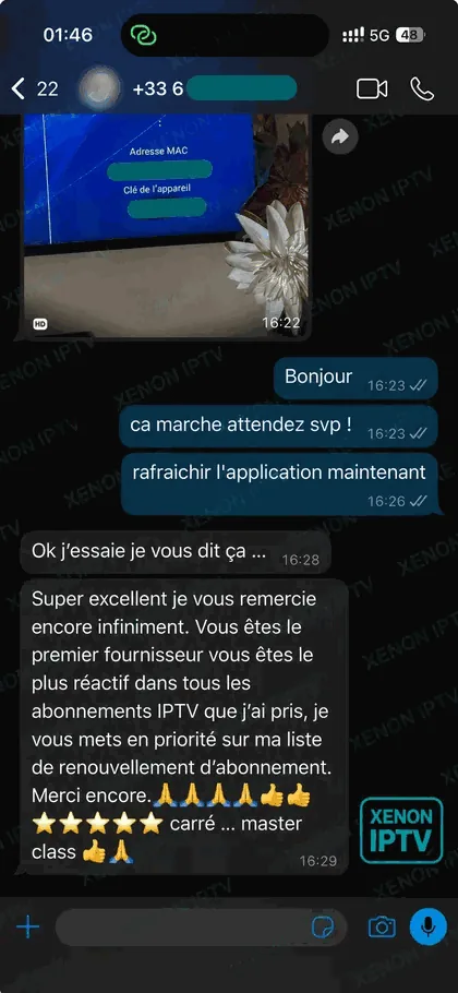Xenon IPTV — avis client Xenon TV, message de satisfaction n°2 après activation