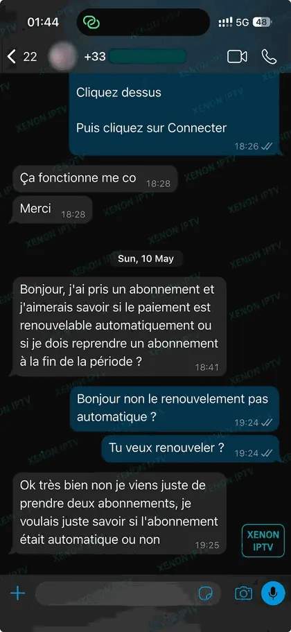 Xenon IPTV — avis client Xenon TV, message de satisfaction n°6 après activation