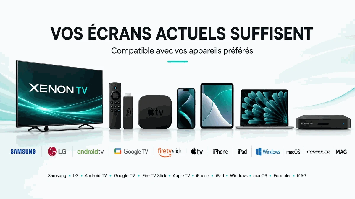 Xenon IPTV — appareils compatibles avec Xenon TV : Samsung, LG, Android TV, Google TV, Fire TV Stick, Apple TV, iPhone, iPad, Windows, macOS, Formuler, MAG